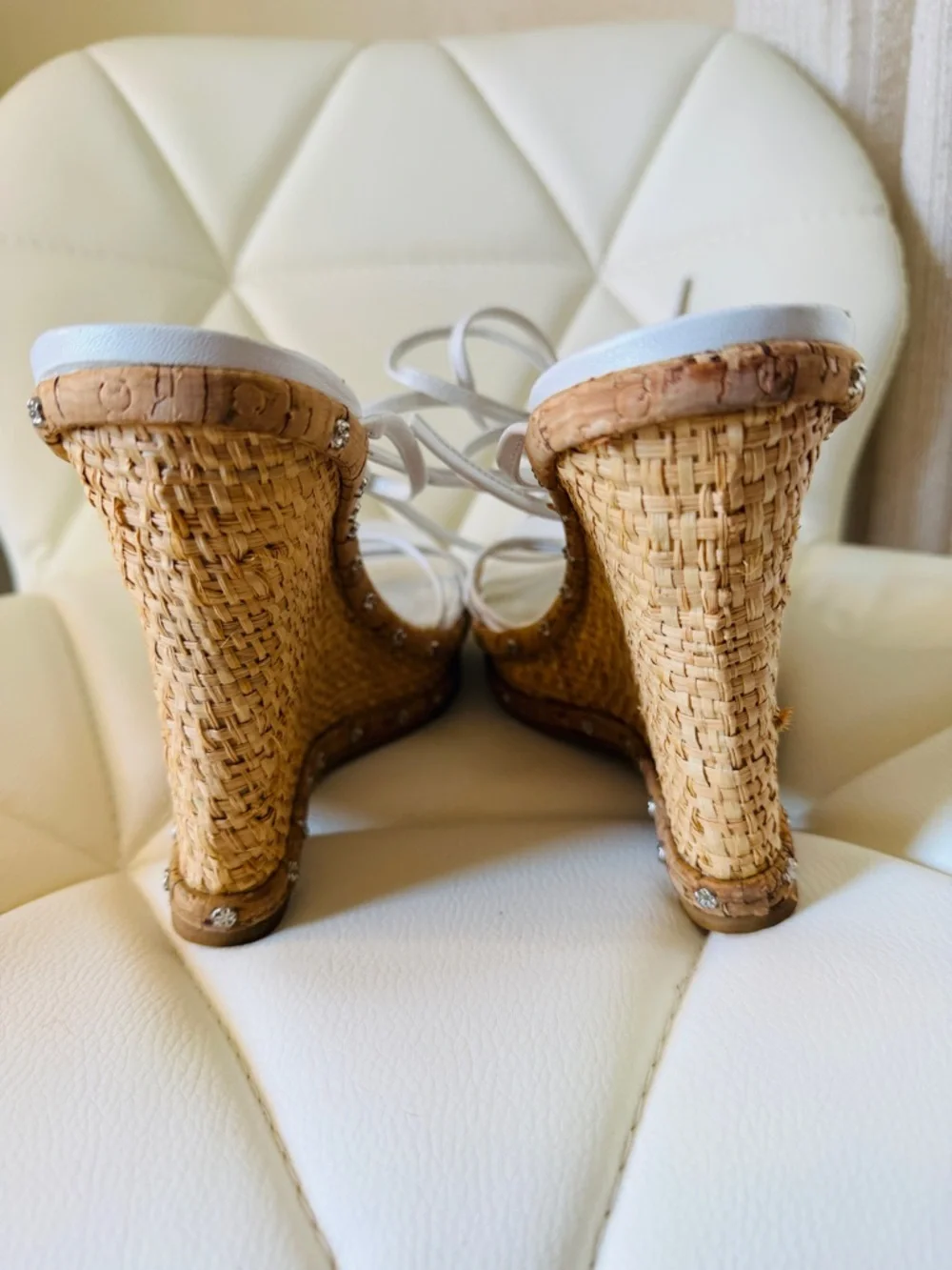 White Lace-Up Wedge Sandals with Natural Cork Platform - Picture 7 of 9